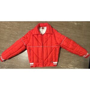 VTG MOUNTAIN GOAT WHITE STAG Women Small Retro Down puffer Red Jacket Zip Pocket